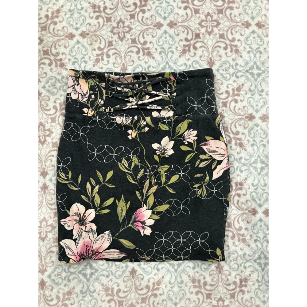 Guess Los Angeles Black Floral Lace Up High Waist Bodycon Mini Skirt XS